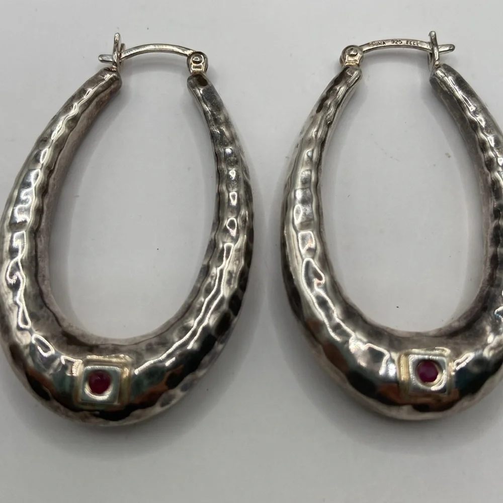 Elle Sterling Silver 925 Ruby Oval Hammered Earrings Pierced 1 3/4”L